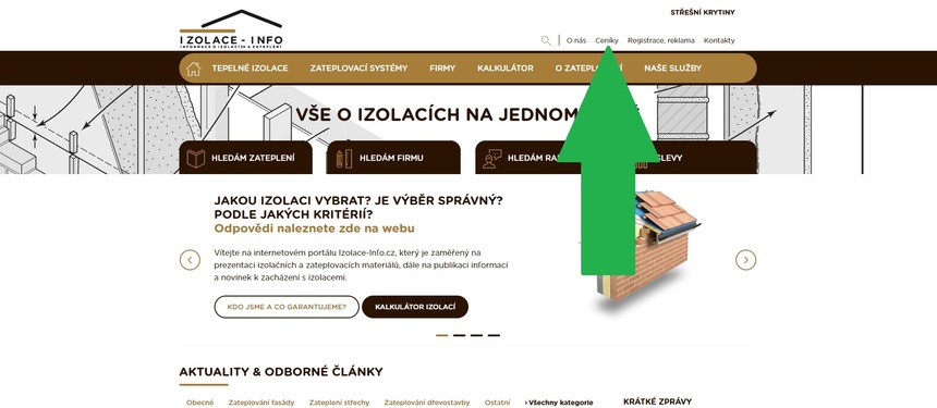 Printscreen nápověda toho, kde najdu ceníky na izolace-info