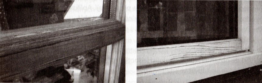 Příklady poškození povrchové úpravy dřevěného okna vlivem zanedbané údržby