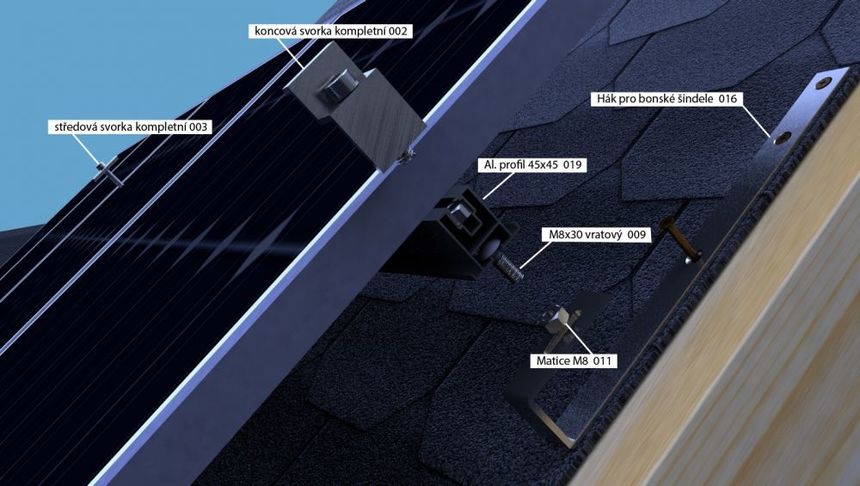 Uchycení konstrukce panelu do asfaltové šindelové střechy