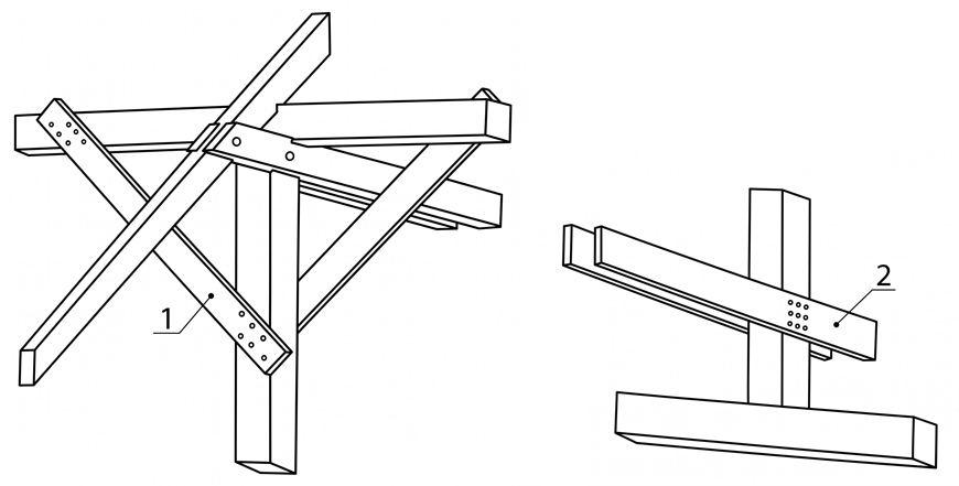 Detail krovu: 1 - prkna místo pásků, 2 - prkna místo kleštin Detail krovu: 1 - prkna místo pásků, 2 - prkna místo kleštin