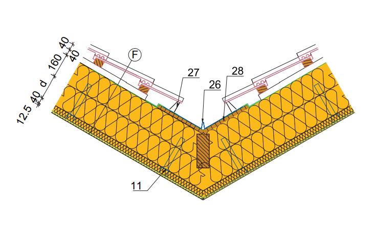 detail podkrokevní izolace v úžlabí u šikmé střechy