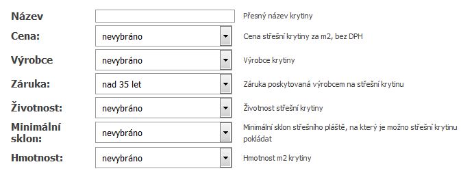 Tabulka pro vyhledávání, zdroj: Krytiny-strechy.cz